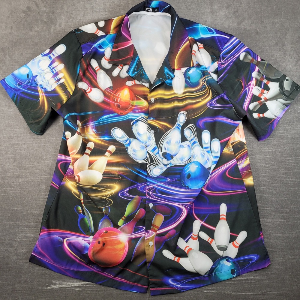 ACE Mens XL Bowling Shirt Neon Cosmic Bowling Pins Balls Graphic Button Up XL‎